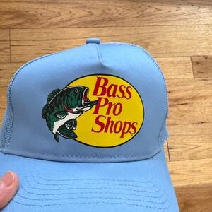 Bass Pro Shops Light Blue Cap with Yellow Logo and Green Fish Graphic